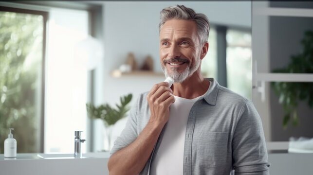 Handsome Man Applying Face Cream in the Bathroom  Illustration AI Generative.