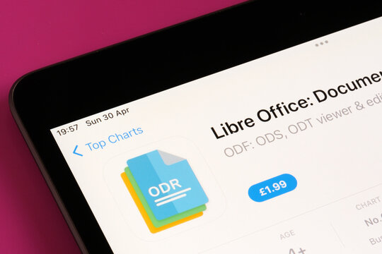 Libre Office app seen in App Store on the screen of ipad. Selective focus. Stafford, United Kingdom, May 6, 2023