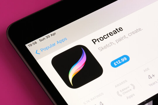 Procreate app seen in App Store on the screen of ipad. Selective focus. Stafford, United Kingdom, May 6, 2023