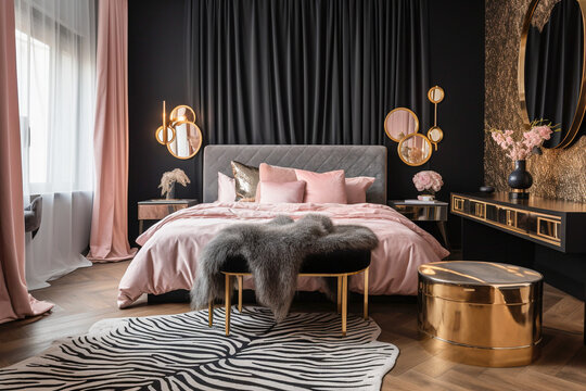 Modern glamour bedroom. Luxury interior design with pink, golden, black colors and animal zebra texture. Super photo realistic background, generative ai illustration