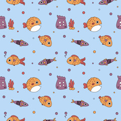 Vector seamless pattern with fishes. Fishes in flat style