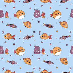 Vector seamless pattern with fishes. Fishes in flat style