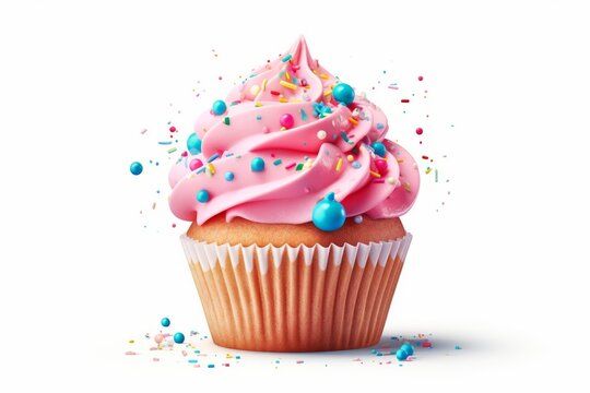 Delicious Cupcake with Swirl Frosting, Isolated on White Background, Generative AI