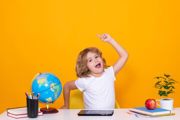 School kid student learning, study language or literature at school. Elementary school child. Portrait of nerd pupil studying.