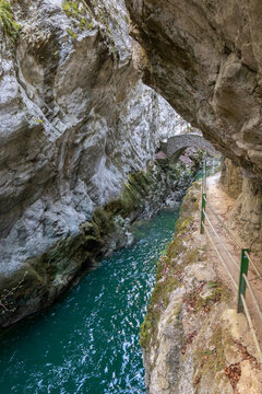 River in the Areuse gorge surrounded by steep cliffs, switzerland
