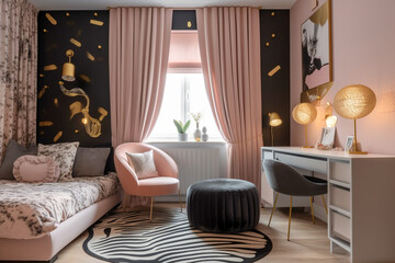 Modern glamour childrens room. Luxury interior design with pink, golden, black colors and animal zebra texture. Super photo realistic background, generative ai illustration