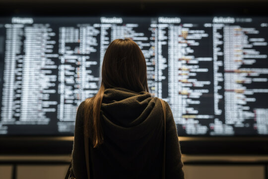 Woman From Behind Looking At A Travel Board