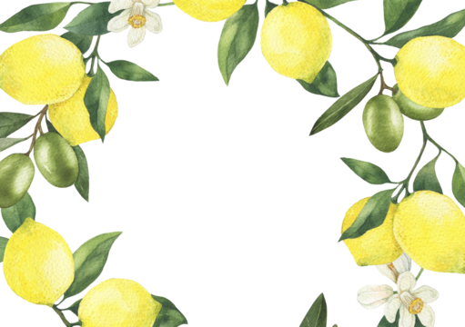 Lemons with leaves and olives hand drawn watercolor illustration. Lemon frame isolated on white
