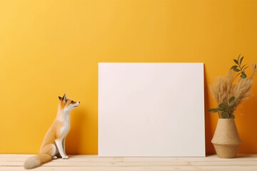 hite empty canvas next to a fox, yellow background 