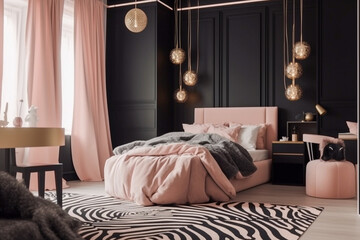 Modern glamour childrens room. Luxury interior design with pink, golden, black colors and animal zebra texture. Super photo realistic background, generative ai illustration