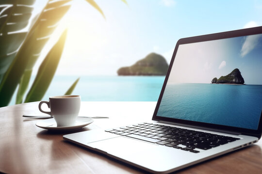 Open laptop shows island and palm on the screen, paradise island background