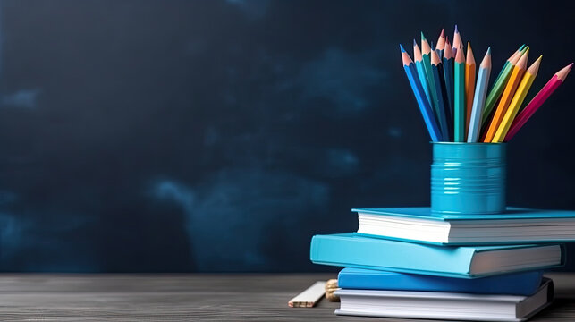 stack of books and pencils on school table against the background of blue blackboard, AI Generated.  Generative AI
