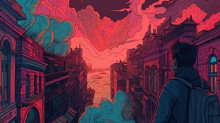 Obraz premium Portrait of a tourist admiring the beauty of a historic city. Fantasy concept , Illustration painting. Generative AI