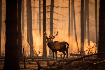 Deer standing infront of a burning forest