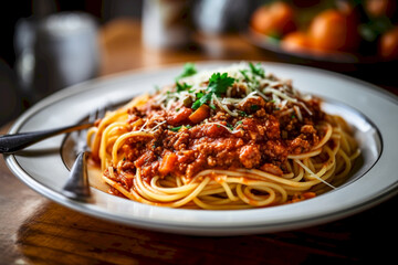 Spaghetti with bolognese sauce. The spaghetti is topped with bolognese sauce, which is made from ground beef, tomato sauce, onion, garlic, carrot, celery, and herbs. Generative AI.