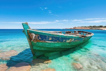 Fototapeta na wymiar Old small fishing boat on an tropical island shore - generative ai