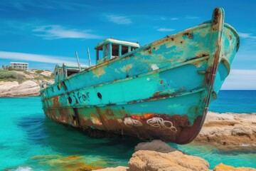 Fototapeta na wymiar Old small fishing boat on an tropical island shore - generative ai