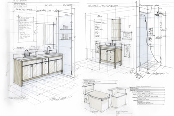 drawings of plans for a bathroom build, bathroom sketch art - obrazy, fototapety, plakaty