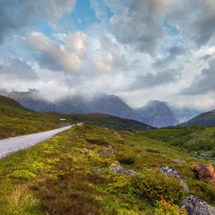 Summer mountain cloudy countryside landscape from Aurlandsfjellet National Scenic Route highlands road, Norway