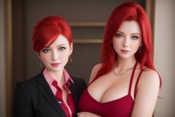 a couple of Young red hair business ladies looking into camera in her office. Beautiful young women with fiery hairs and in a black suit and red cocktail dress poses for a picture. Generative AI