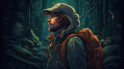 Portrait of a traveler lost in a dark forest. Fantasy concept , Illustration painting. Generative AI