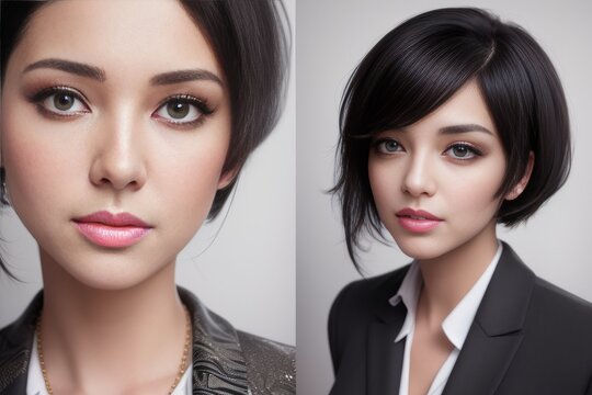 Collage of Two of Young short black hair business ladies looking into camera in her office. Beautiful business women in a black jacket and grey top posing for a picture. Generative AI