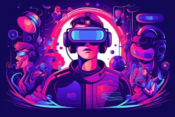 Futuristic metaverse concept with VR devices illustration. Generative AI