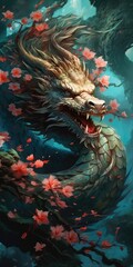 Fototapeta na wymiar Japanese dragon and cherry blossom colorful illustration representing Asian character, generative ai