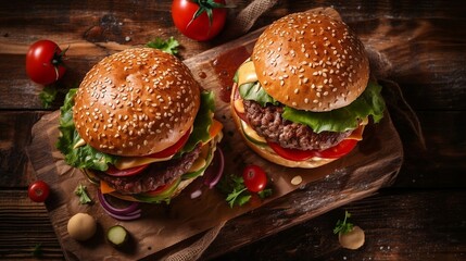 Burger on the wood table. Generative AI
