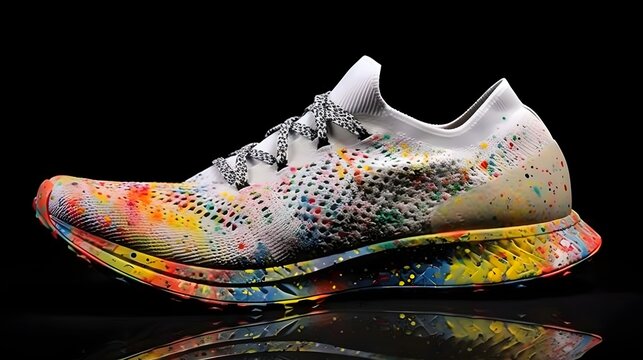 White running shoes with splashes of colorful paint that result from creativity create a work of art in itself. AI Generative technology.