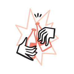 Two hands of friends clink beer bottles at a party. Vector simple doodle, illustration, flat outline icon.