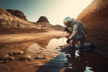 Astronaut filtering water on Mars