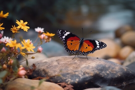 Beautiful butterfly on a rock next to flowers