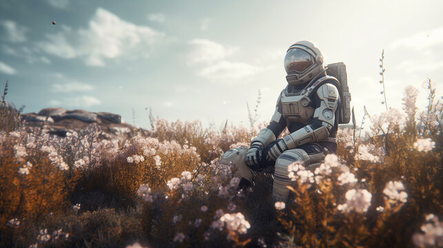 Astronaut sitting in in a field of flowers