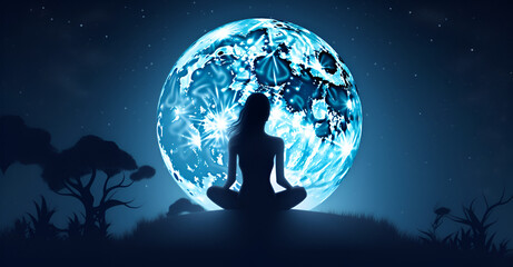 Abstract woman are meditating at blue full moon with star in dark background
