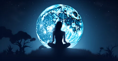 Washable wall murals Full moon and trees Abstract woman are meditating at blue full moon with star in dark background