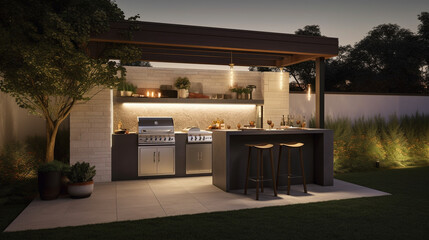 An outdoor entertainment area with a built-in barbecue 