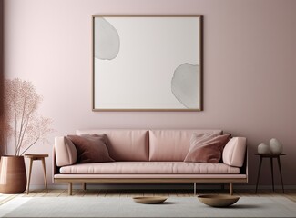 Beautiful frame hanging above a soft brown couch, pink color scheme, copy space - generative ai
