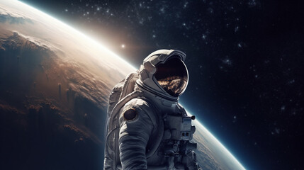 An astronaut standing in space facing away from earth