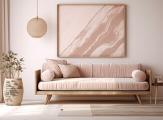 Beautiful frame hanging above a soft brown couch, pink color scheme, copy space - generative ai