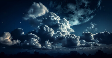Obraz na płótnie Canvas Black dark blue night sky. Stars. White cumulus clouds. Moonlight, starlight. Background. Astrology, astronomy, science fiction, fantasy, dream