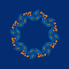 Fototapeta premium Traditional Ukrainian painting of Petrykivka. Elements of blue and yellow floral ornament. Decorative composition for the background. Repeating pattern. Wreath of flowers.
