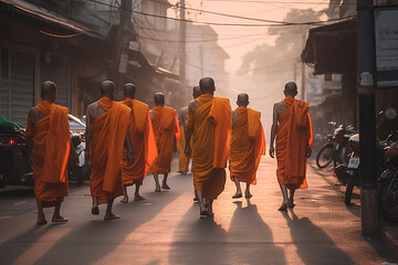 A group of Thai monks walking barefoot through the street - obrazy, fototapety, plakaty