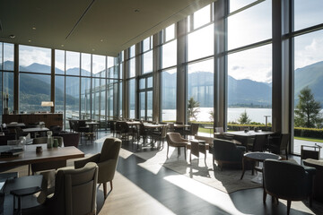 A large open living hotel space with sweeping views of a mountain range