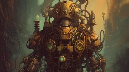 Steampunk robot with gears and pipes. Fantasy concept , Illustration painting. Generative AI