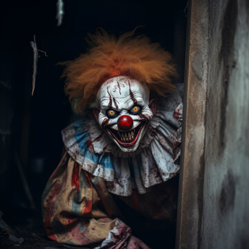 A scary clown looking forward. Generative art.