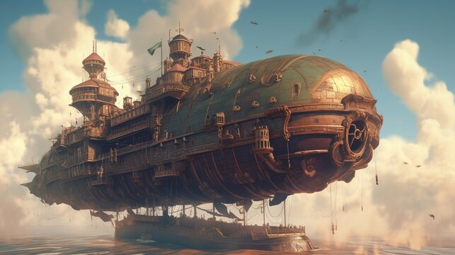 Steampunk airship in the clouds. Fantasy concept , Illustration painting. Generative AI