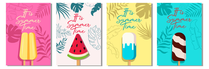 Vintage Ice Cream poster design. Vector Summer background. Leafs and palm set - obrazy, fototapety, plakaty