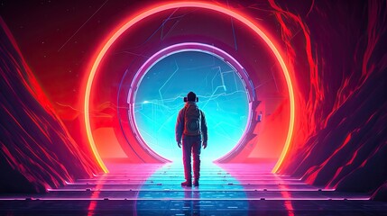 Game concept of a stylized character design, standing in front of a portal to a different world, with a futuristic city in the background.