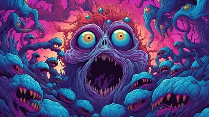 A nightmarish illustration of a creature with multiple eyes and mouths. Fantasy concept , Illustration painting. Generative AI